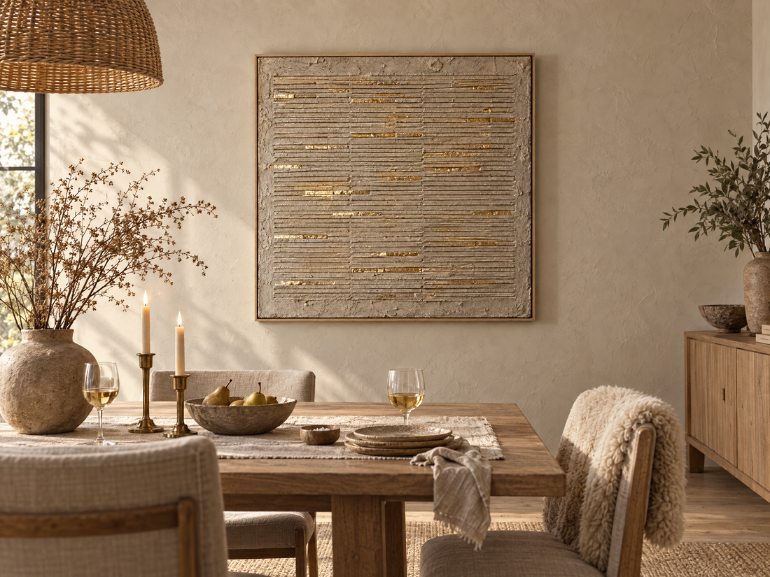 Ridged cream plaster canvas above an oak dining table in a sunlit room