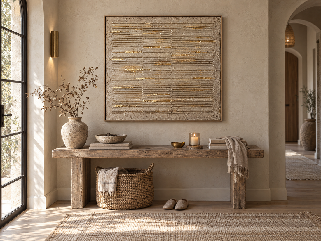 Cream and gold textured canvas above a rustic bench in a bright entryway