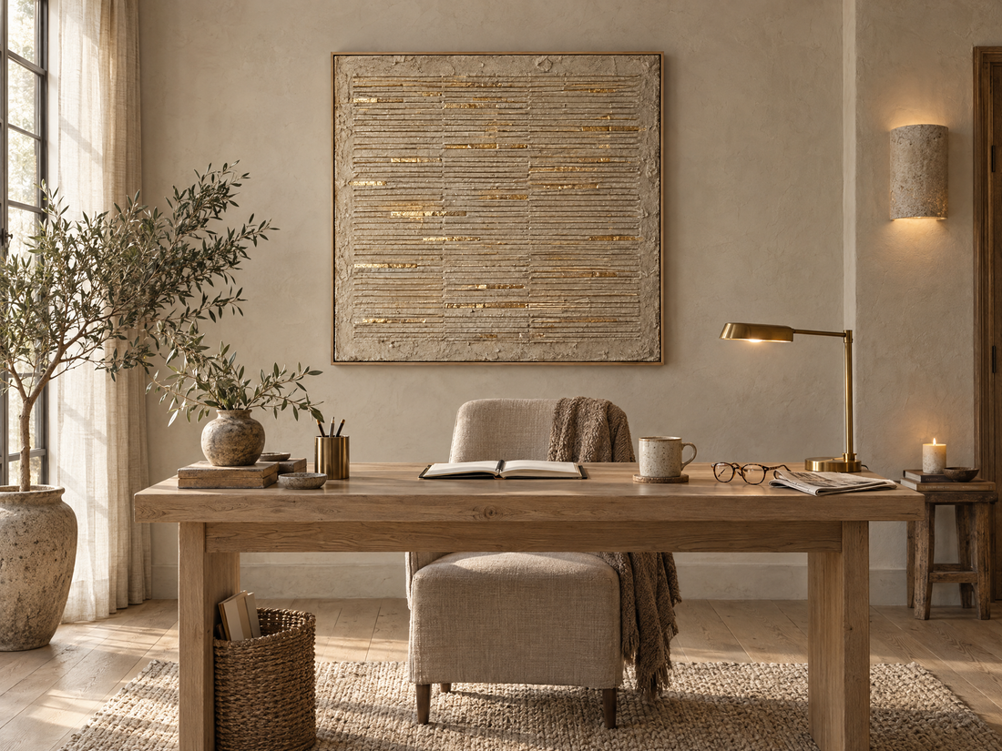 Gold and cream ridged canvas above an oak desk in a home office