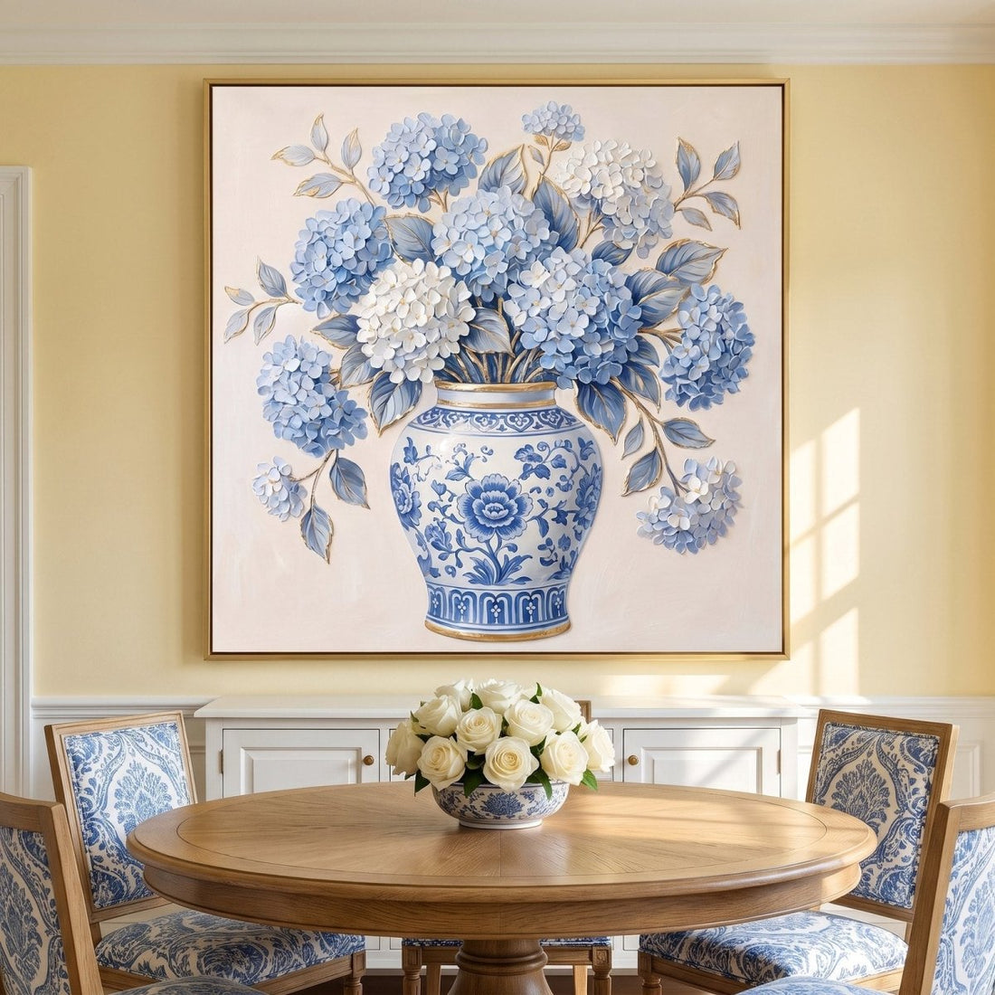 Ginger Jar Hydrangea Wall Art – Oversized Blue and White Chinoiserie Floral Textured Look Canvas for Living Room - Sense for Decor