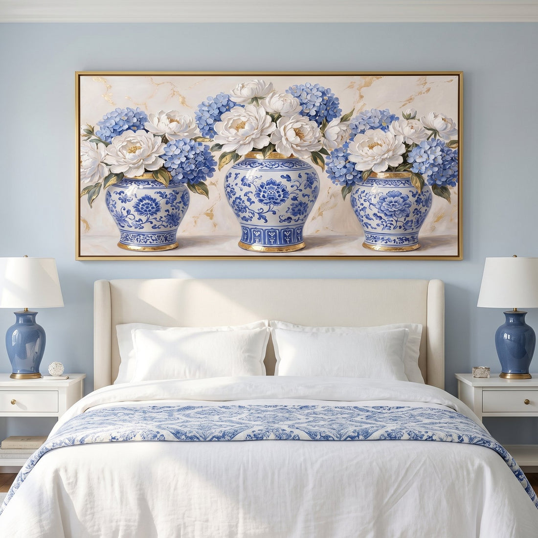 Blue and white chinoiserie panoramic canvas above a king bed