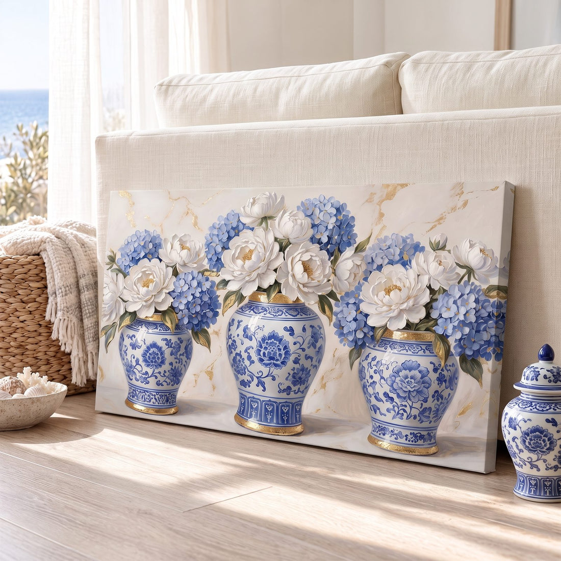 Close-up of the full panoramic ginger jar trio canvas showing sculpted peonies, hydrangeas and gold