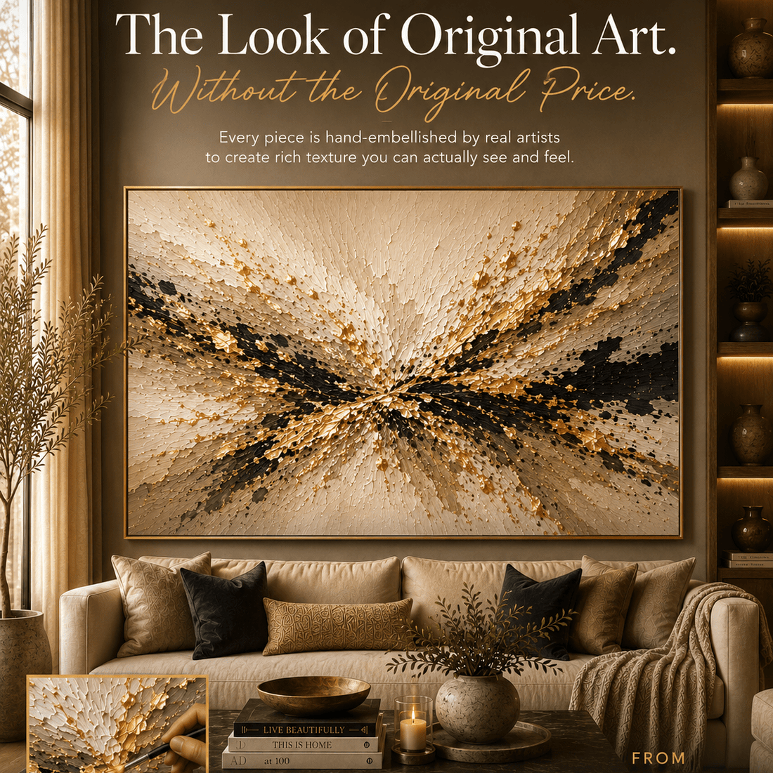 Gold & Black Abstract Wall Art | Large 60x40 Hand-Embellished Textured Canvas | Cream, Black & Gold Statement Piece | Luxury Impasto Art - Sense for Decor