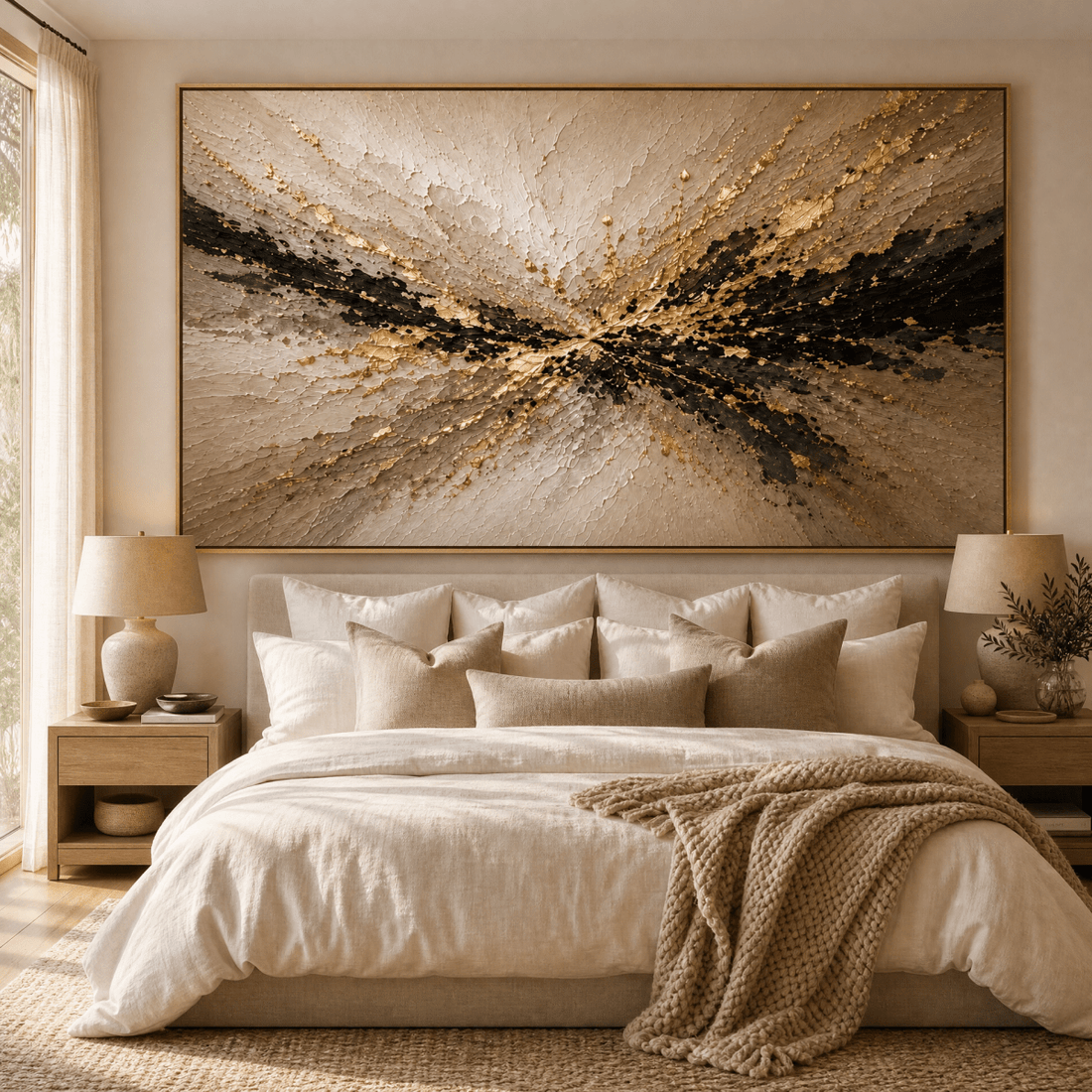 Gold & Black Abstract Wall Art | Large 60x40 Hand-Embellished Textured Canvas | Cream, Black & Gold Statement Piece | Luxury Impasto Art - Sense for Decor