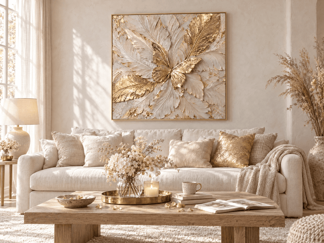 Gold Butterfly Wall Art – Oversized Cream and Ivory Textured Look Canvas for Bedroom and Living Room - Sense for Decor