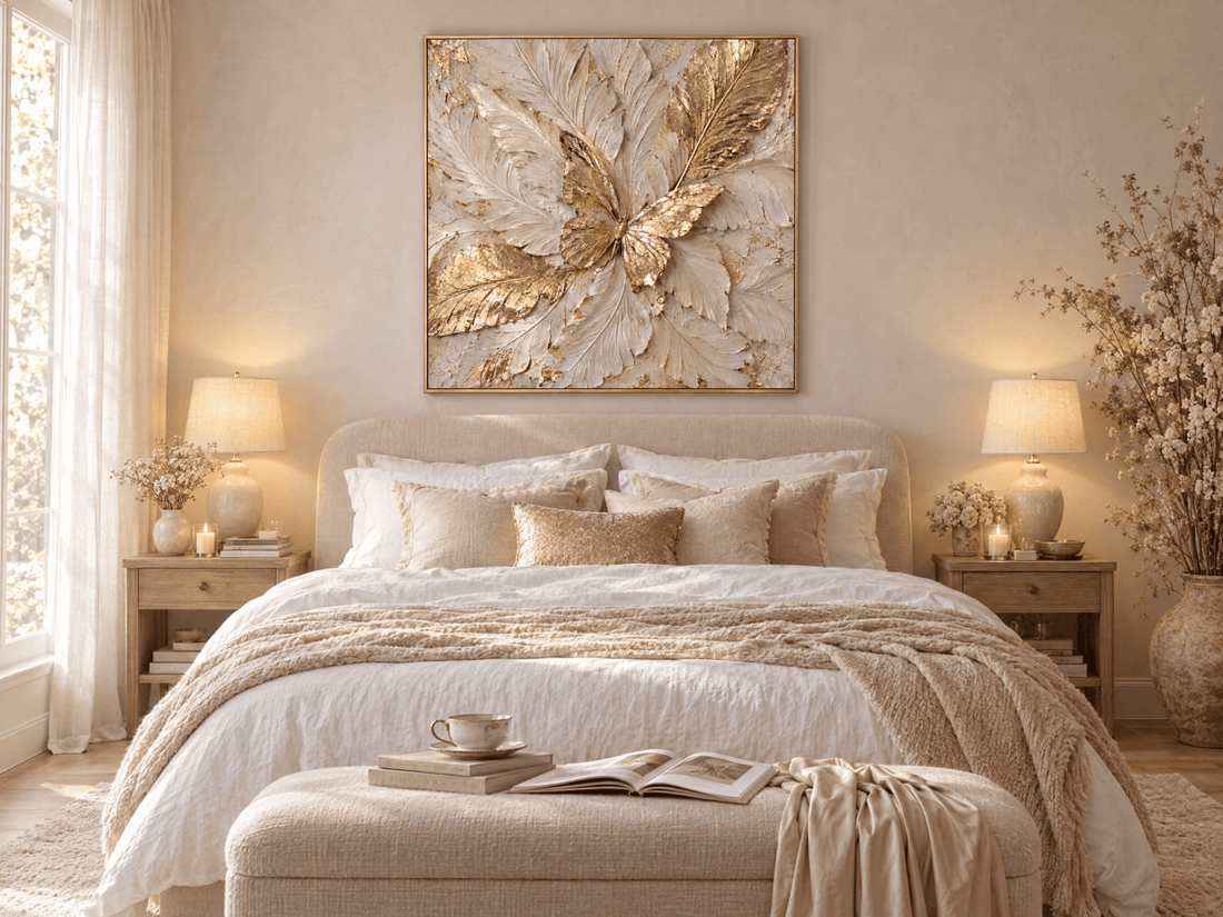 Gold Butterfly Wall Art – Oversized Cream and Ivory Textured Look Canvas for Bedroom and Living Room - Sense for Decor