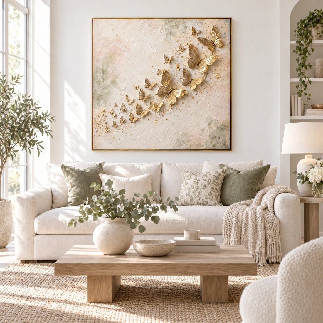 Gold Butterfly Wall Art – Oversized Rising Butterflies Textured Look Canvas for Bedroom - Sense for Decor
