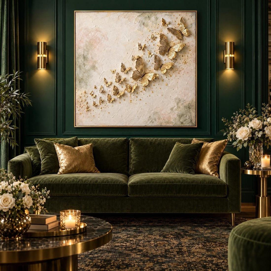 Gold Butterfly Wall Art – Oversized Rising Butterflies Textured Look Canvas for Bedroom - Sense for Decor