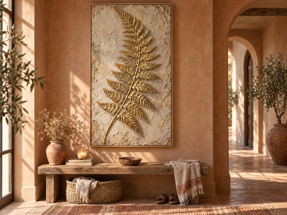 Gold Fern Wall Art – Oversized Tall Cream and Gold Textured Look Canvas for Entryway and Bedroom - Sense for Decor
