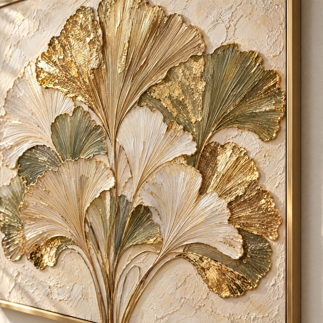 Gold Ginkgo Wall Art – Oversized Green and Gold Leaf Fan Textured Look Canvas for Living Room - Sense for Decor