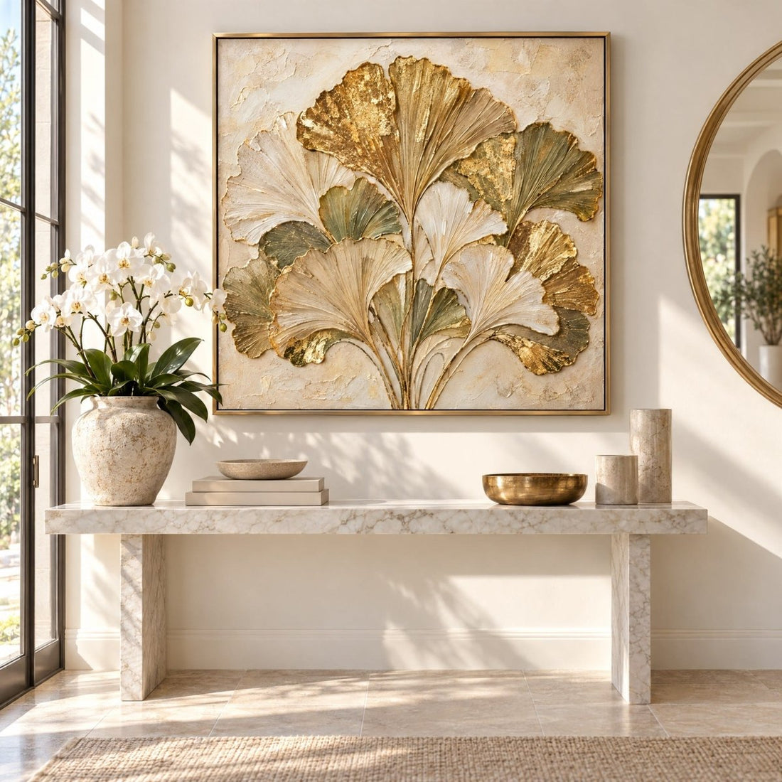Gold Ginkgo Wall Art – Oversized Green and Gold Leaf Fan Textured Look Canvas for Living Room - Sense for Decor