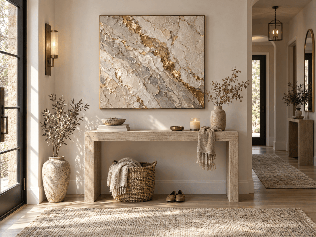 Gold Marble Wall Art – Oversized Cream and Grey Vein Textured Look Canvas for Living Room - Sense for Decor