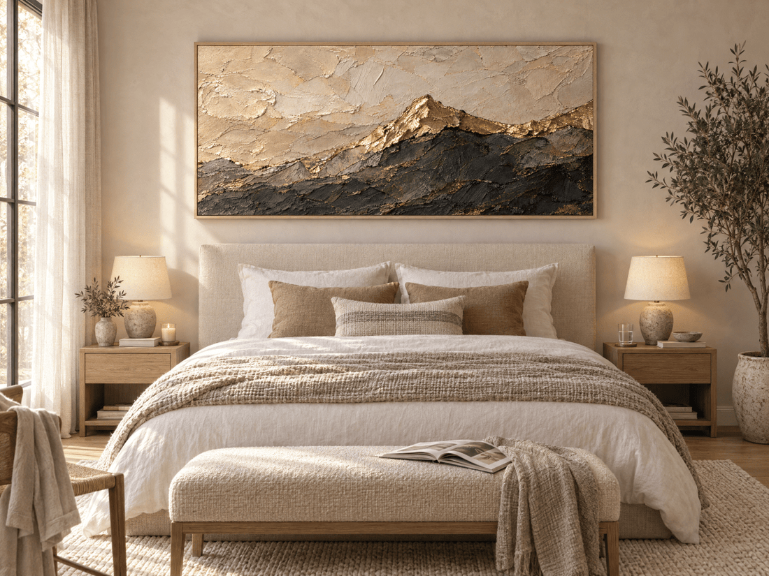 Gold Mountain Wall Art – Oversized Cream and Charcoal Textured Look Canvas for Living Room - Sense for Decor