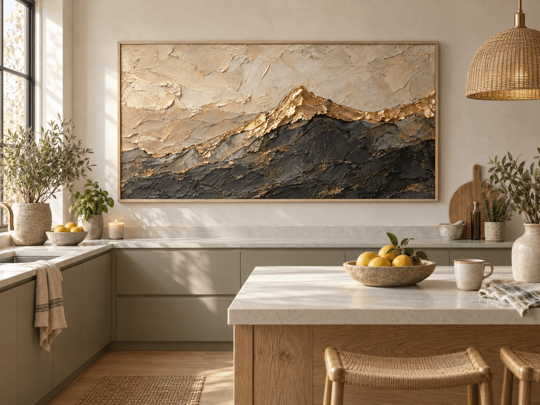 Gold Mountain Wall Art – Oversized Cream and Charcoal Textured Look Canvas for Living Room - Sense for Decor