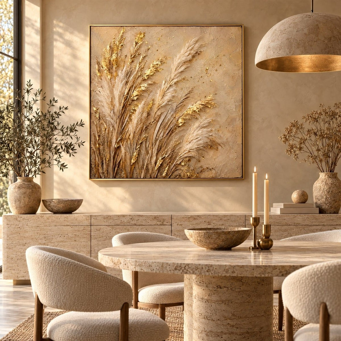 Gold Pampas Grass Wall Art – Oversized Cream and Gold Plumes Textured Look Canvas for Living Room - Sense for Decor
