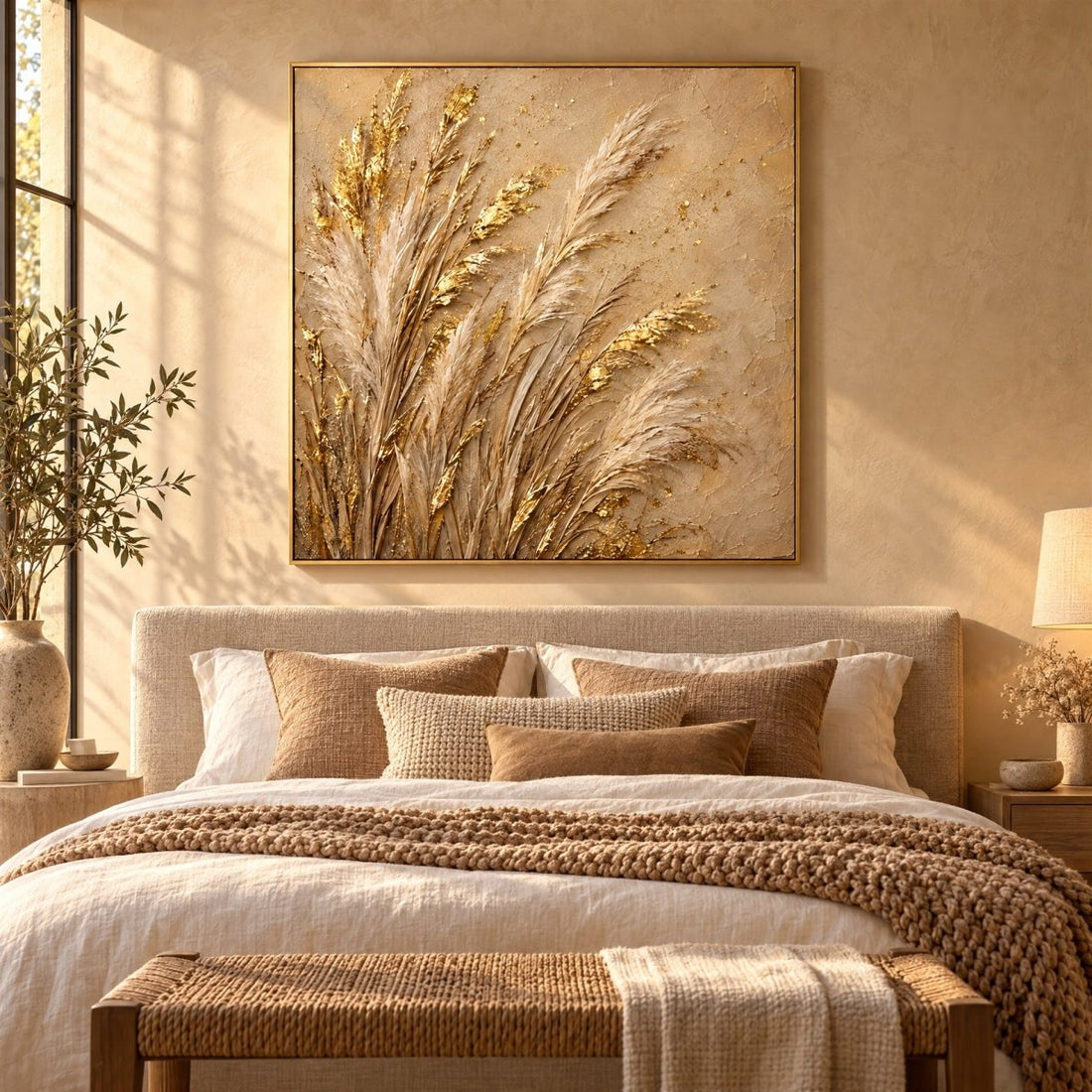 Gold Pampas Grass Wall Art – Oversized Cream and Gold Plumes Textured Look Canvas for Living Room - Sense for Decor