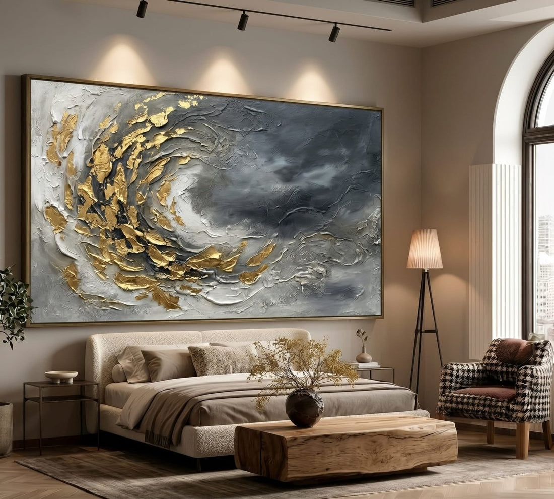 Gold Swirl Wall Art – Oversized Grey and White Textured Look Canvas for Living Room and Bedroom - Sense for Decor
