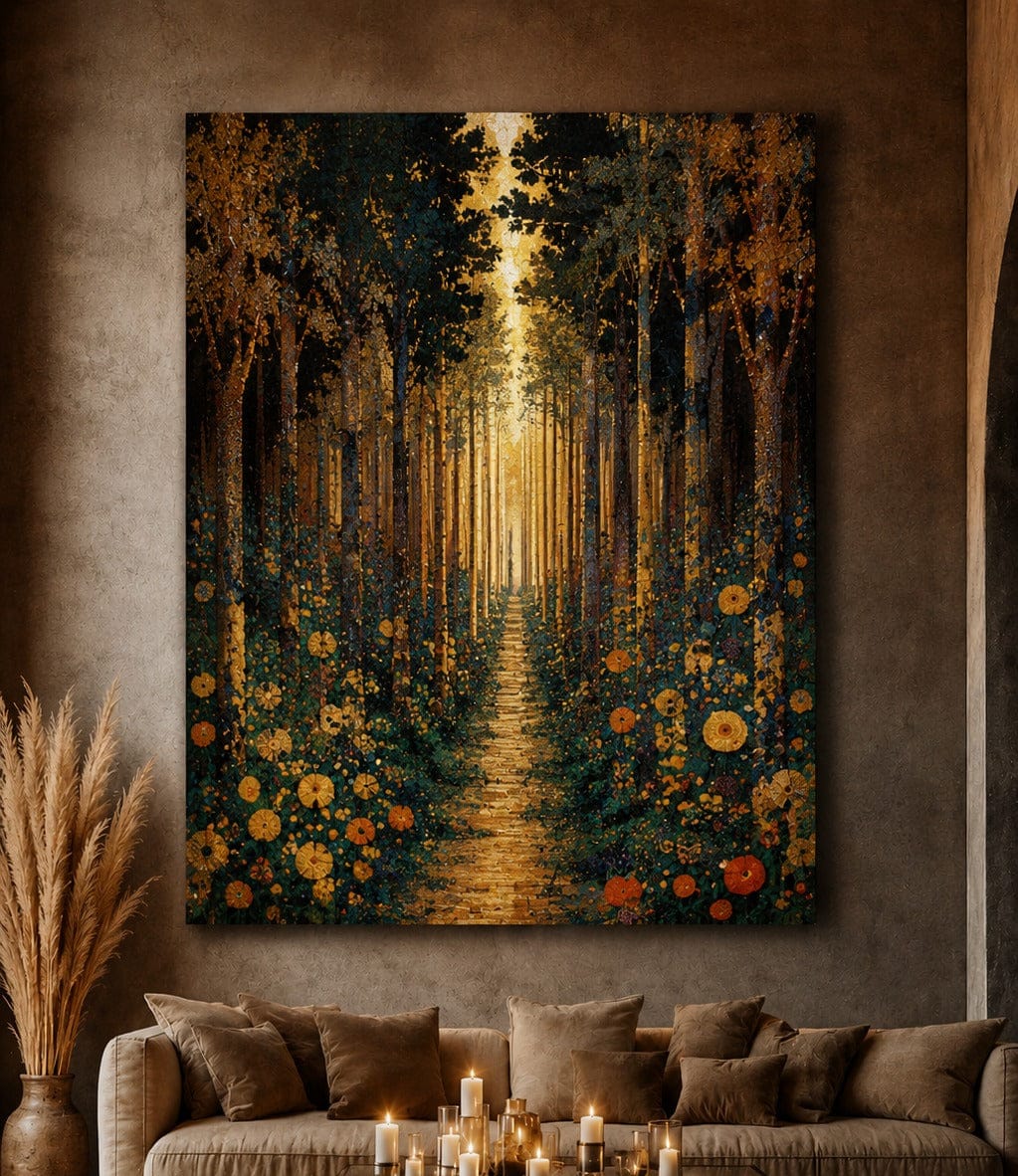 Golden Forest Path Wall Art – Modern Nature Canvas Decor (Flat or 3D Hand - Embellished Finish) - Sense for Decor