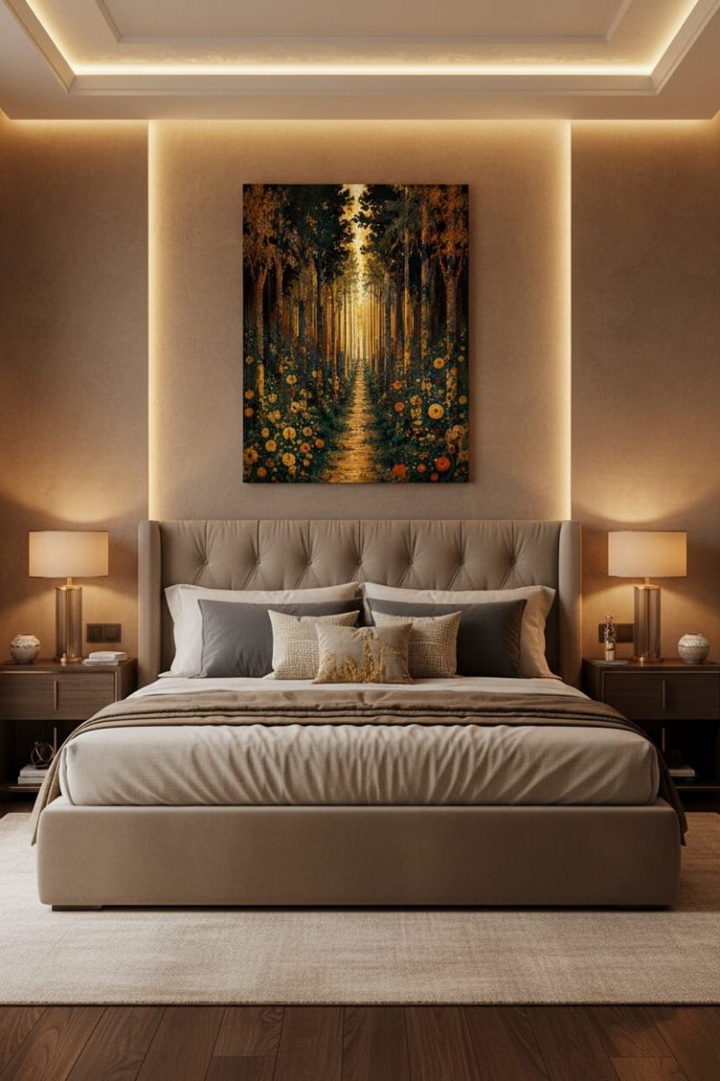 Golden Forest Path Wall Art – Modern Nature Canvas Decor (Flat or 3D Hand - Embellished Finish) - Sense for Decor