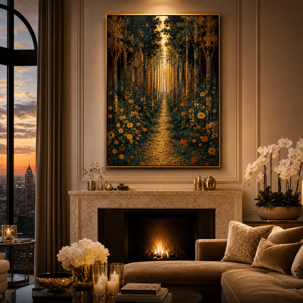 Golden Forest Path Wall Art – Modern Nature Canvas Decor (Flat or 3D Hand-Embellished Finish) - Sense for Decor