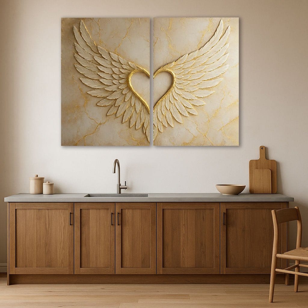 Golden Heart Wings Wall Art Set 2 Panel Angel Wings Canvas Print - Sense for Decor