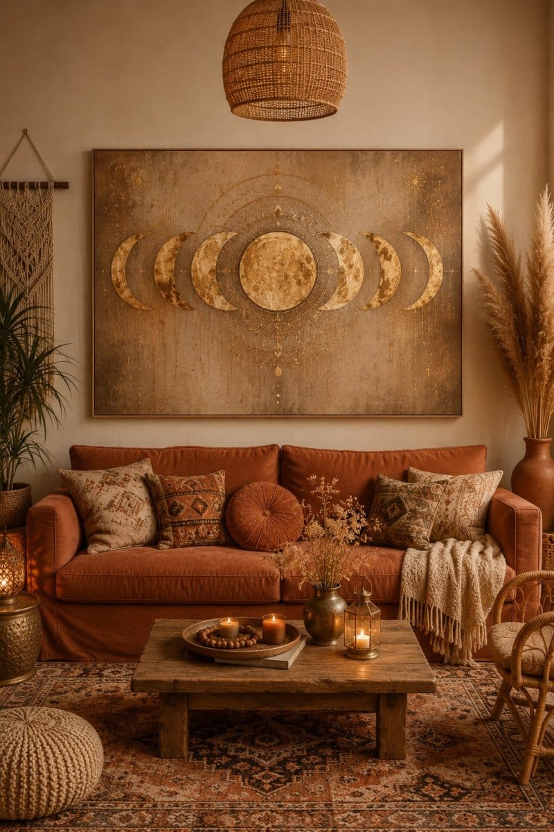 Golden Moon Phase Wall Art – Boho Celestial Canvas Print for Living Room & Bedroom Decor - Sense for Decor