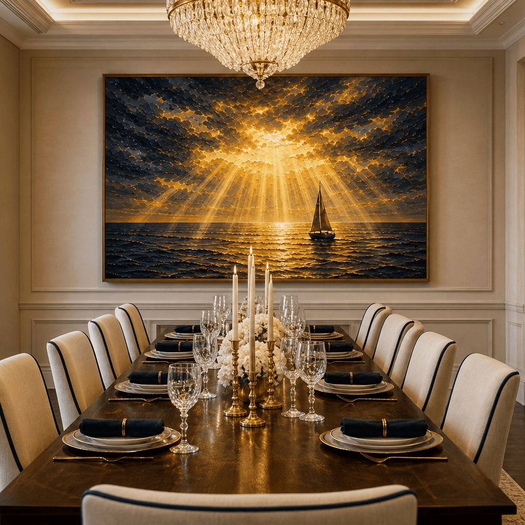 Golden Sailboat Seascape Wall Art | Hand-Embellished Stormy Ocean Canvas | Large Navy & Gold Statement Piece | Dramatic Coastal Painting - Sense for Decor