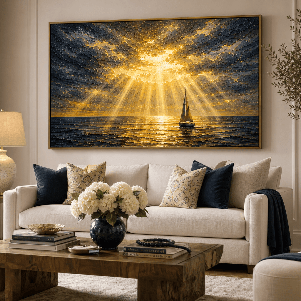 Golden Sailboat Seascape Wall Art | Hand-Embellished Stormy Ocean Canvas | Large Navy & Gold Statement Piece | Dramatic Coastal Painting - Sense for Decor
