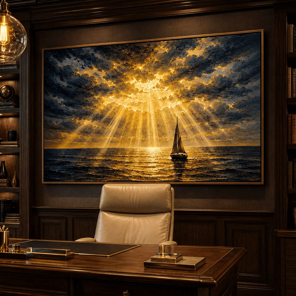 Golden Sailboat Seascape Wall Art | Hand-Embellished Stormy Ocean Canvas | Large Navy & Gold Statement Piece | Dramatic Coastal Painting - Sense for Decor