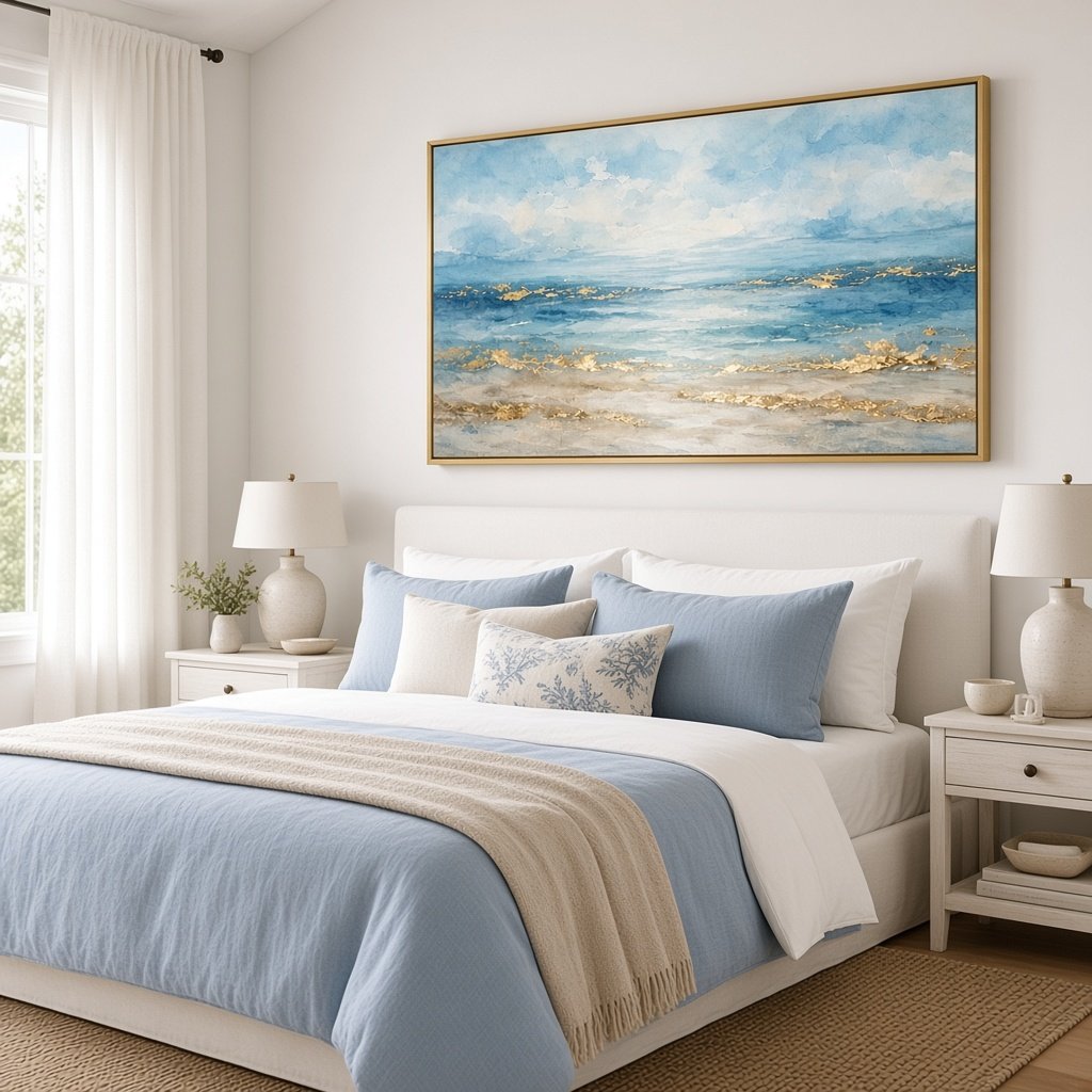 Golden Shore Wall Art – Oversized Panoramic Blue and Gold Coastal Seascape Textured Look Canvas for Living Room - Sense for Decor