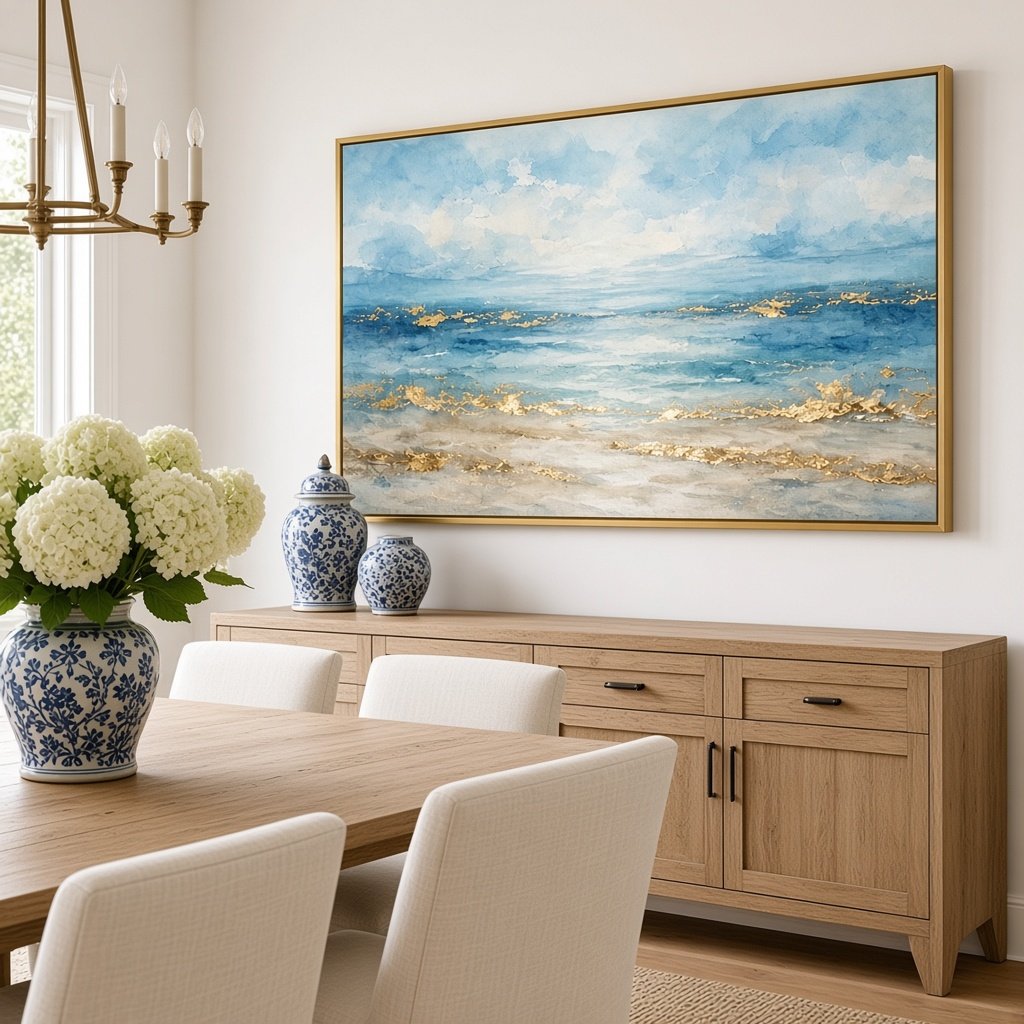 Golden Shore Wall Art – Oversized Panoramic Blue and Gold Coastal Seascape Textured Look Canvas for Living Room - Sense for Decor