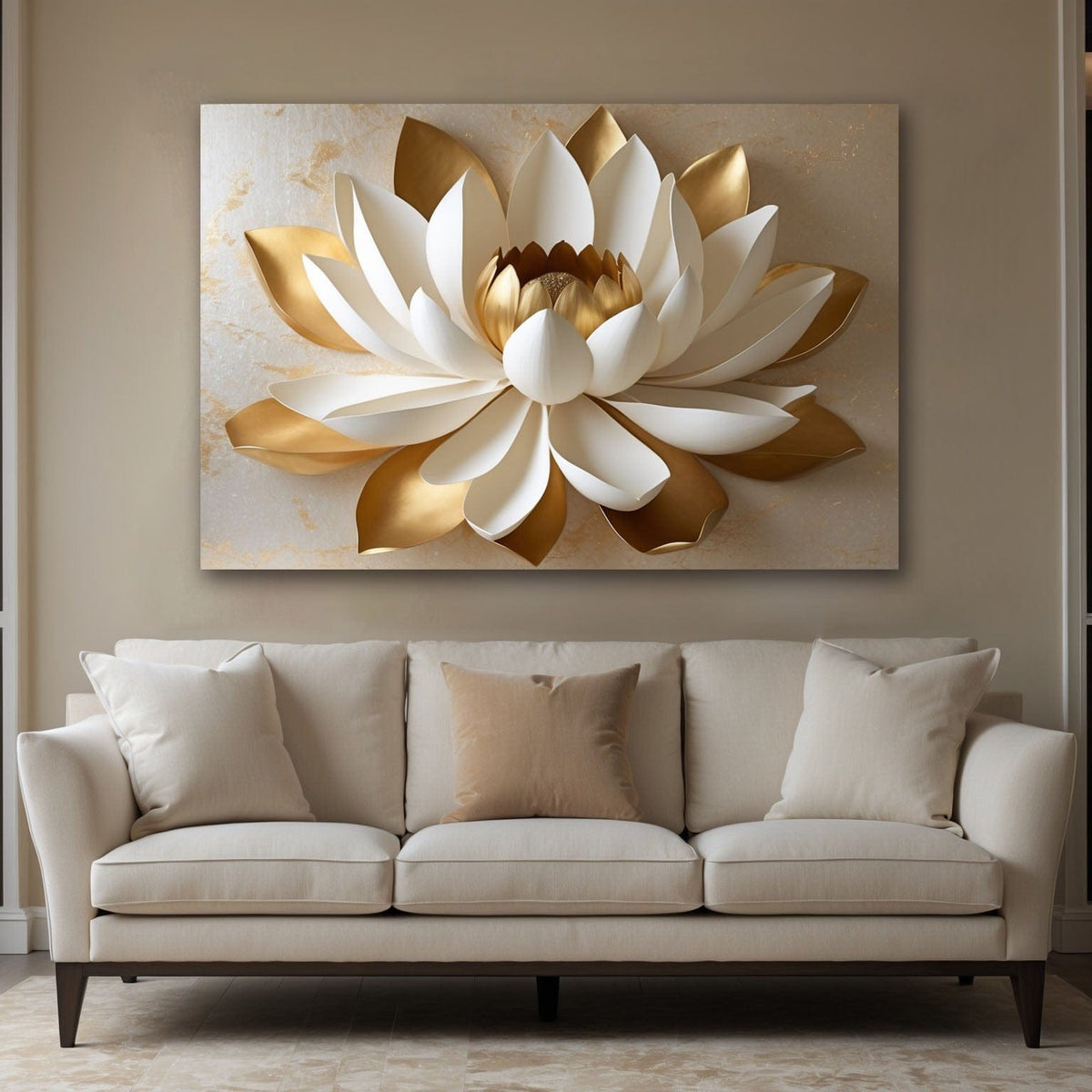 Golden White Lotus Wall Art | Flat Canvas Print – Sense for Decor