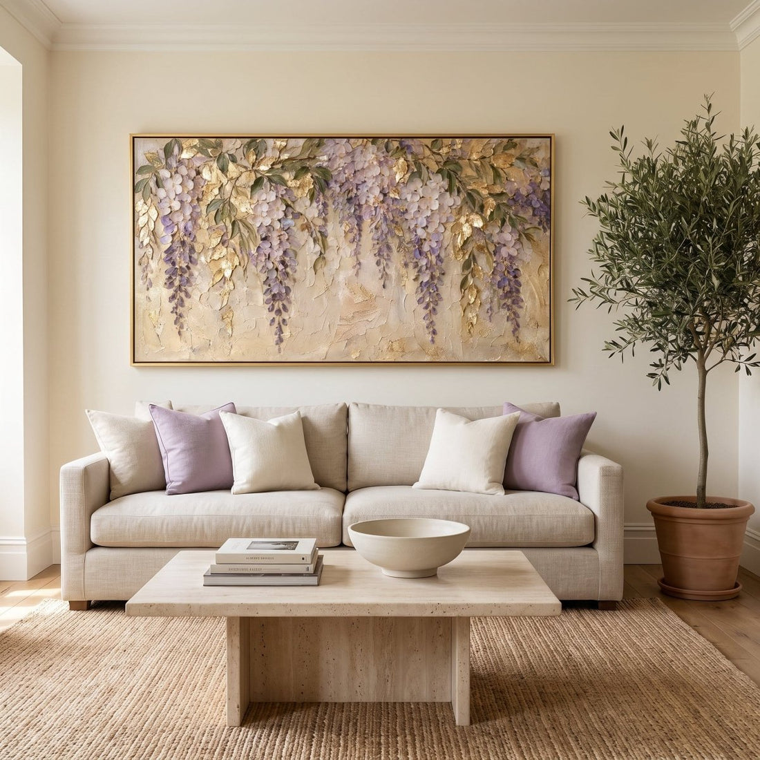 Golden Wisteria Wall Art – Oversized Panoramic Textured Look Canvas for Dining Room - Sense for Decor