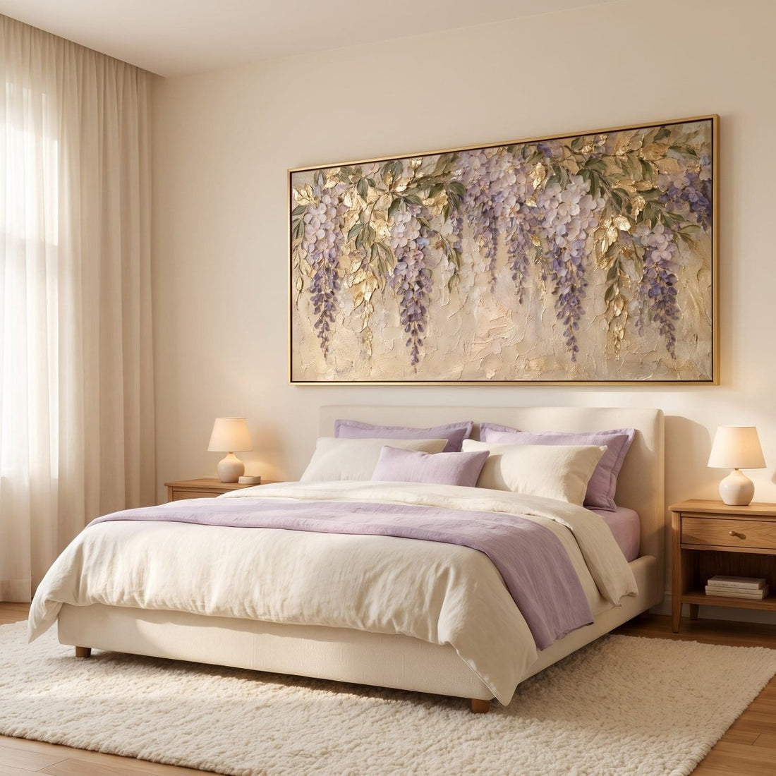 Golden Wisteria Wall Art – Oversized Panoramic Textured Look Canvas for Dining Room - Sense for Decor