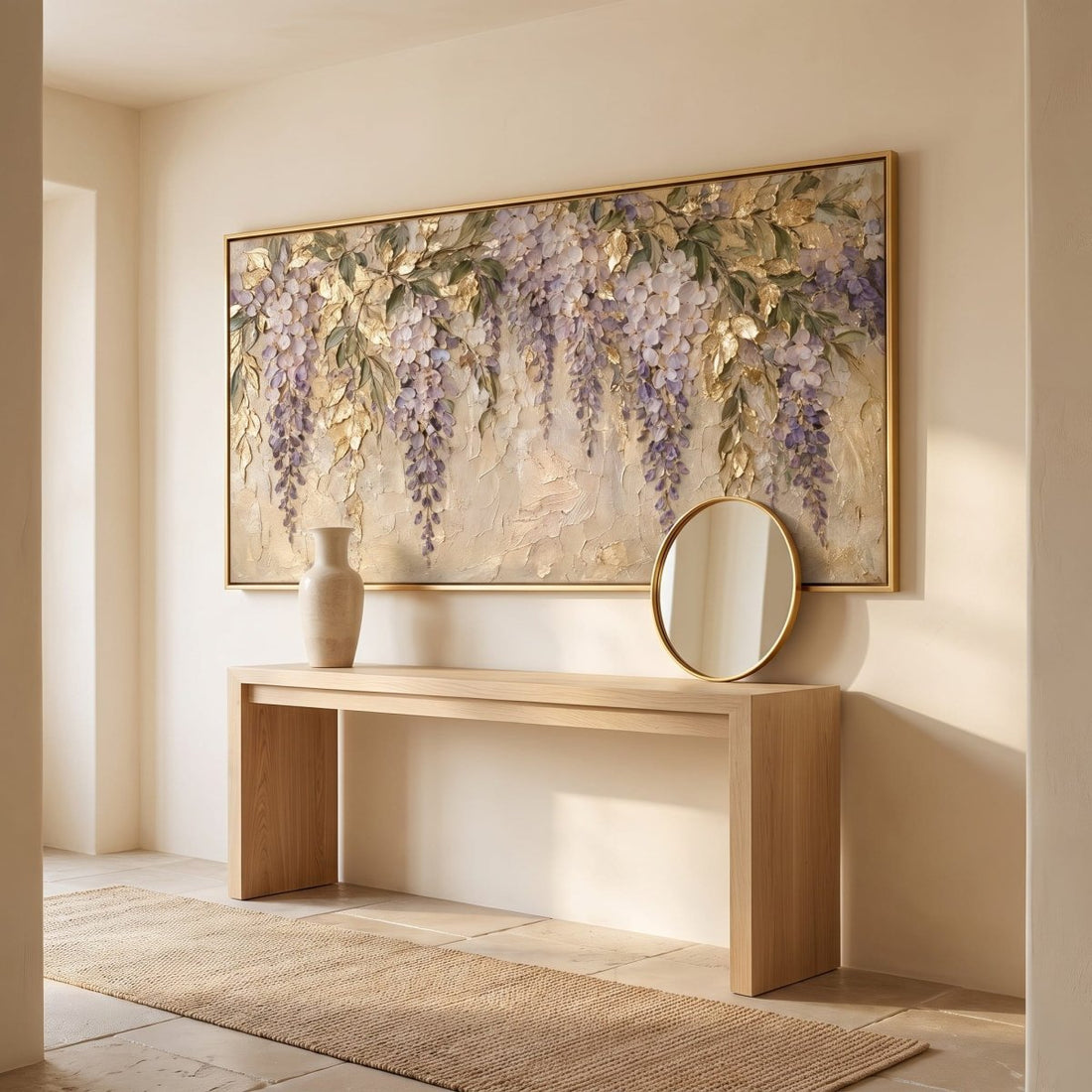 Golden Wisteria Wall Art – Oversized Panoramic Textured Look Canvas for Dining Room - Sense for Decor