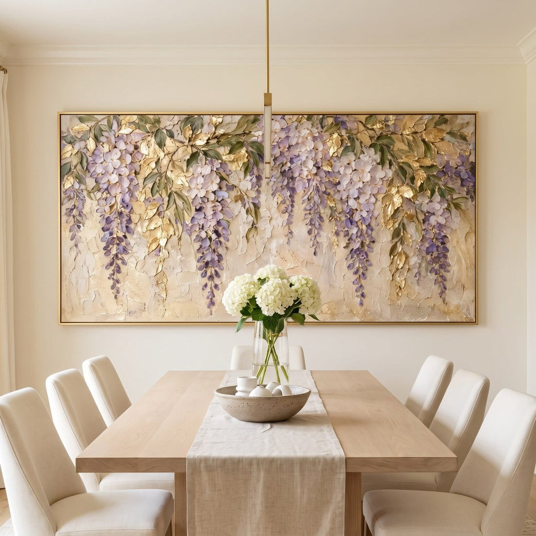 Golden Wisteria Wall Art – Oversized Panoramic Textured Look Canvas for Dining Room - Sense for Decor