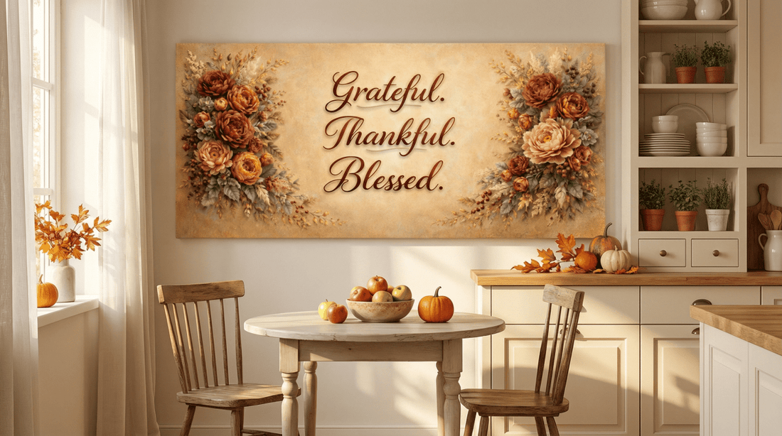 Grateful Thankful Blessed Wall Art - Warm Autumn Floral Canvas with Rust and Ochre Peonies - Sense for Decor