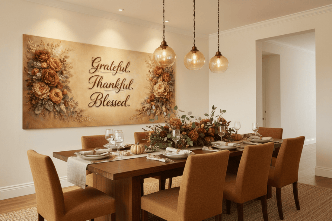 Grateful Thankful Blessed Wall Art - Warm Autumn Floral Canvas with Rust and Ochre Peonies - Sense for Decor
