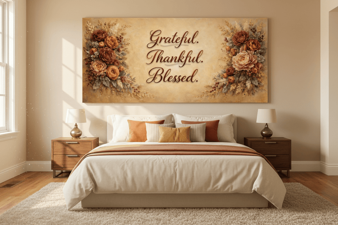 Grateful Thankful Blessed Wall Art - Warm Autumn Floral Canvas with Rust and Ochre Peonies - Sense for Decor
