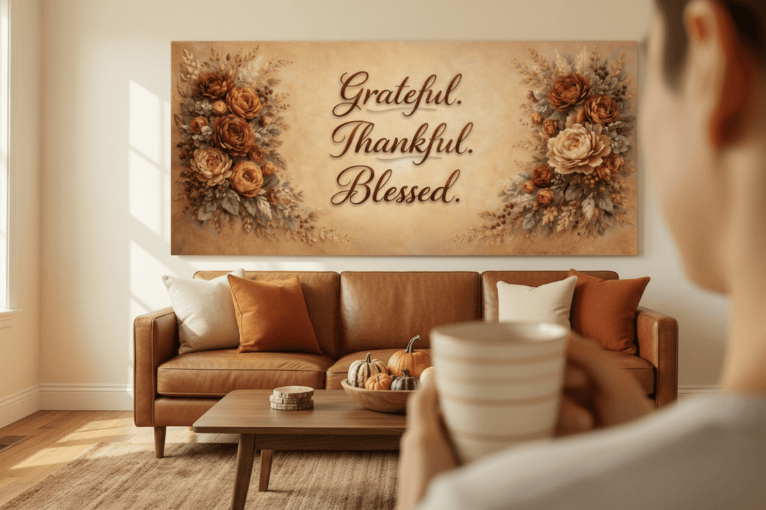 Grateful Thankful Blessed Wall Art - Warm Autumn Floral Canvas with Rust and Ochre Peonies - Sense for Decor