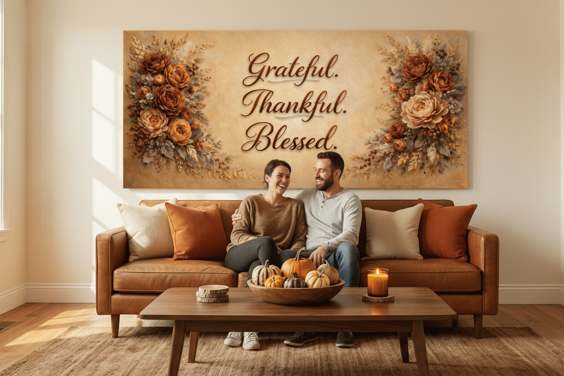 Grateful Thankful Blessed Wall Art - Warm Autumn Floral Canvas with Rust and Ochre Peonies - Sense for Decor