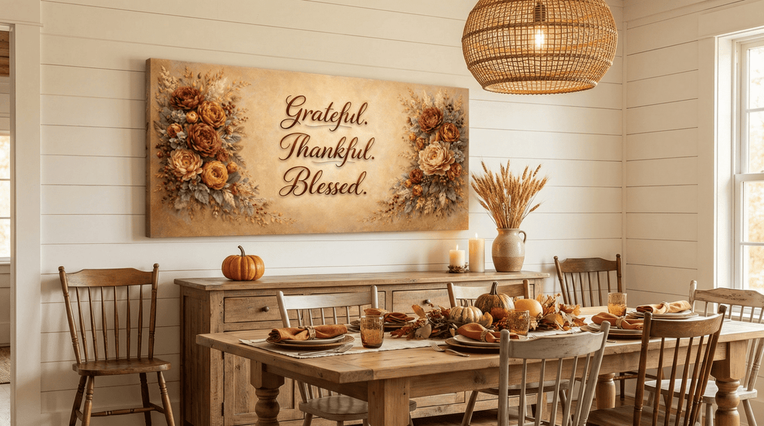 Grateful Thankful Blessed Wall Art - Warm Autumn Floral Canvas with Rust and Ochre Peonies - Sense for Decor