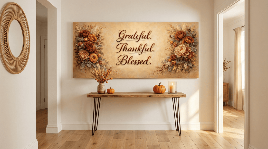 Grateful Thankful Blessed Wall Art - Warm Autumn Floral Canvas with Rust and Ochre Peonies - Sense for Decor