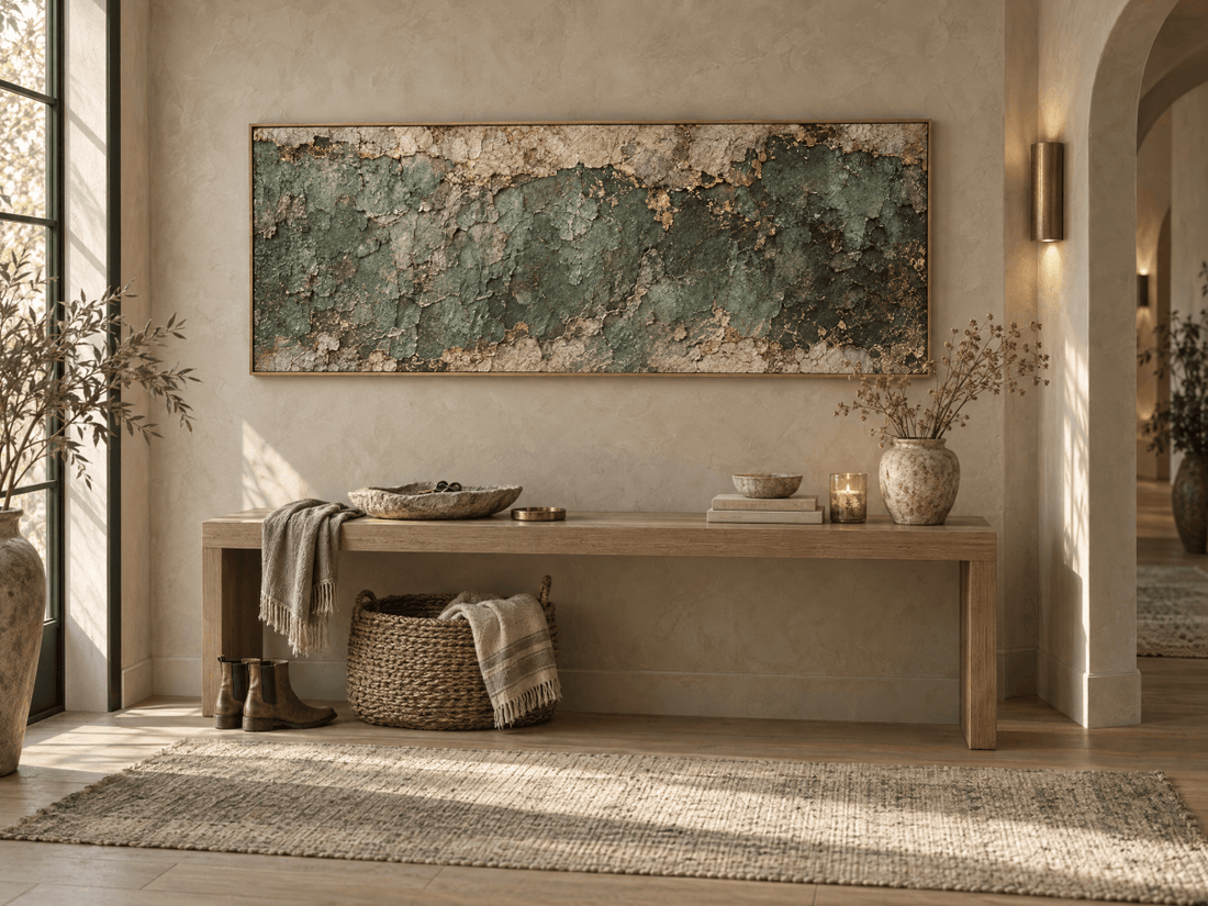 Green and Gold Wall Art – Oversized Verdigris Patina Textured Look Canvas for Living Room - Sense for Decor