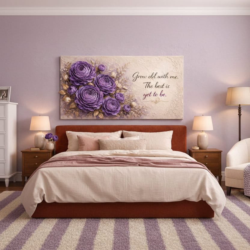 Grow Old With Me The Best Is Yet To Be Wall Art - 3D Purple Floral Canvas with Gold Texture - Sense for Decor