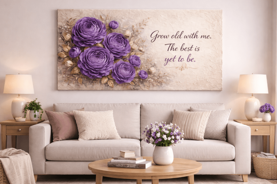 Grow Old With Me The Best Is Yet To Be Wall Art - 3D Purple Floral Canvas with Gold Texture - Sense for Decor