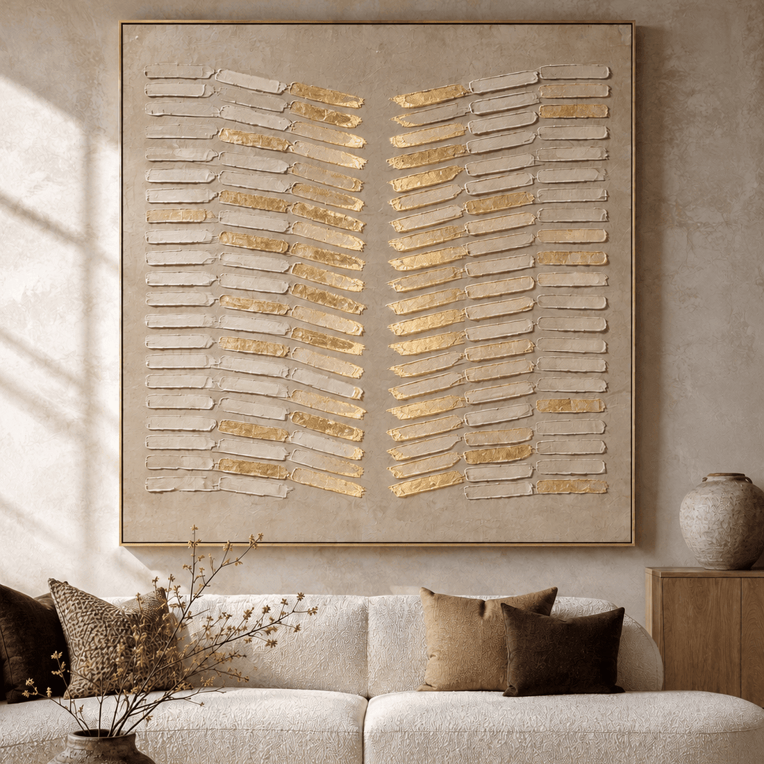 Hand Painted Wabi-Sabi Canvas Wall Art, Cream and Gold Leaf Large Square – Gilded Reed - Sense for Decor
