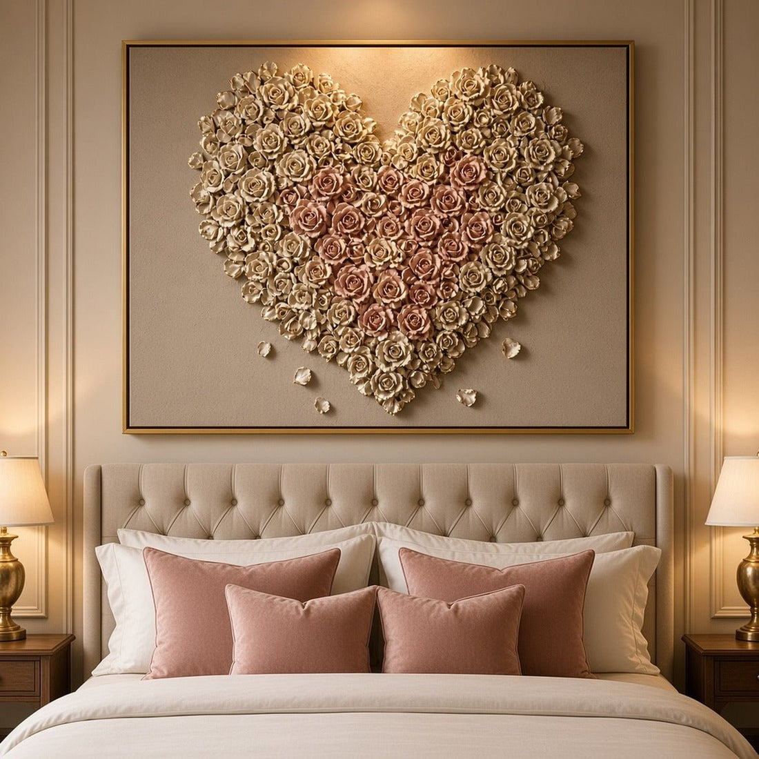 Heart of a Thousand Roses Wall Art – Oversized Ivory and Blush Rose Heart Textured Look Canvas for Living Room - Sense for Decor