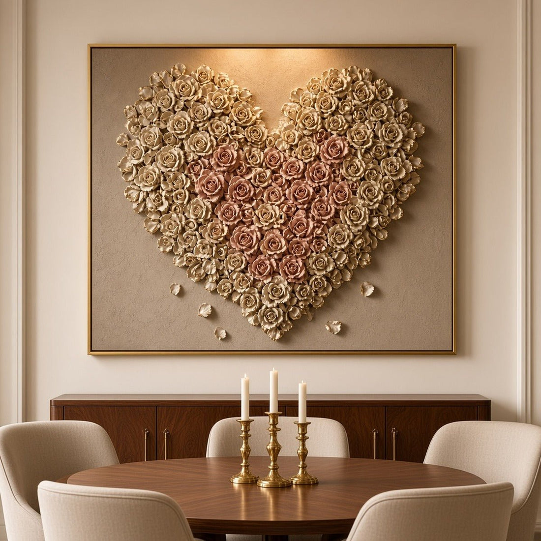Heart of a Thousand Roses Wall Art – Oversized Ivory and Blush Rose Heart Textured Look Canvas for Living Room - Sense for Decor