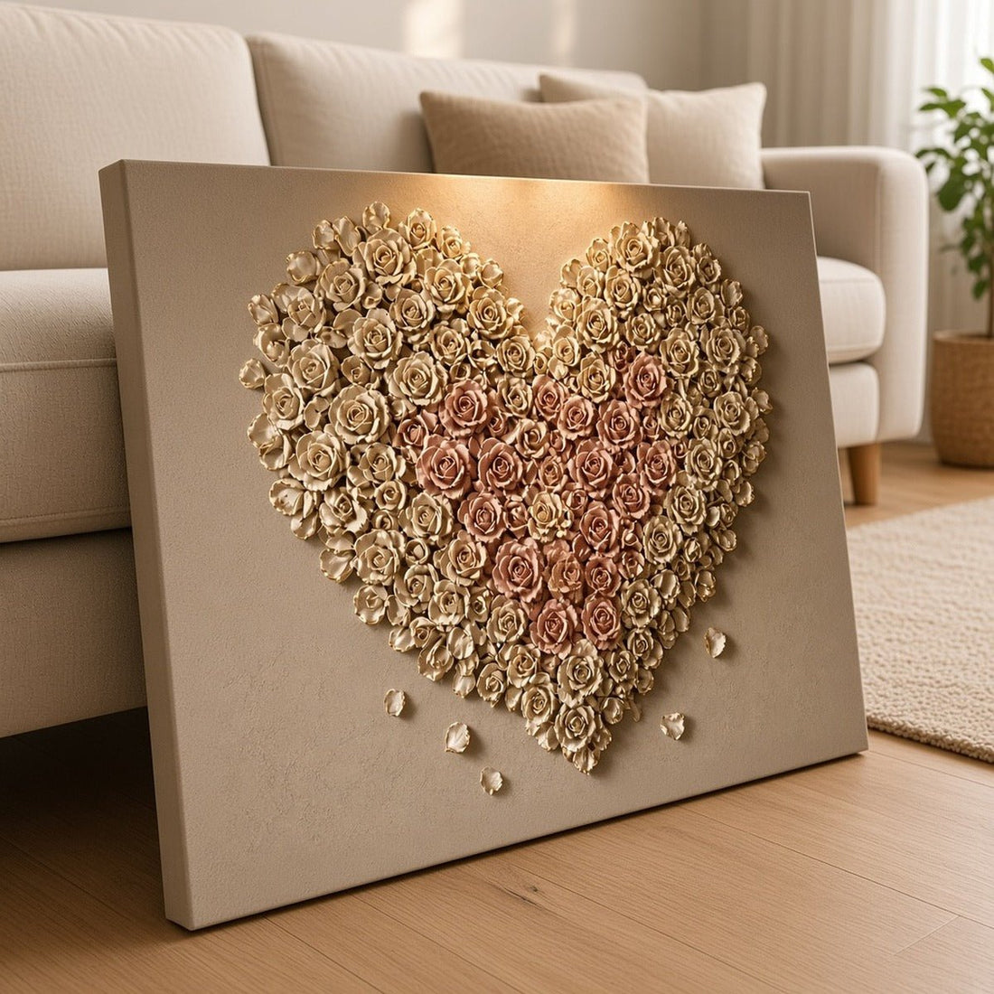 Heart of a Thousand Roses Wall Art – Oversized Ivory and Blush Rose Heart Textured Look Canvas for Living Room - Sense for Decor